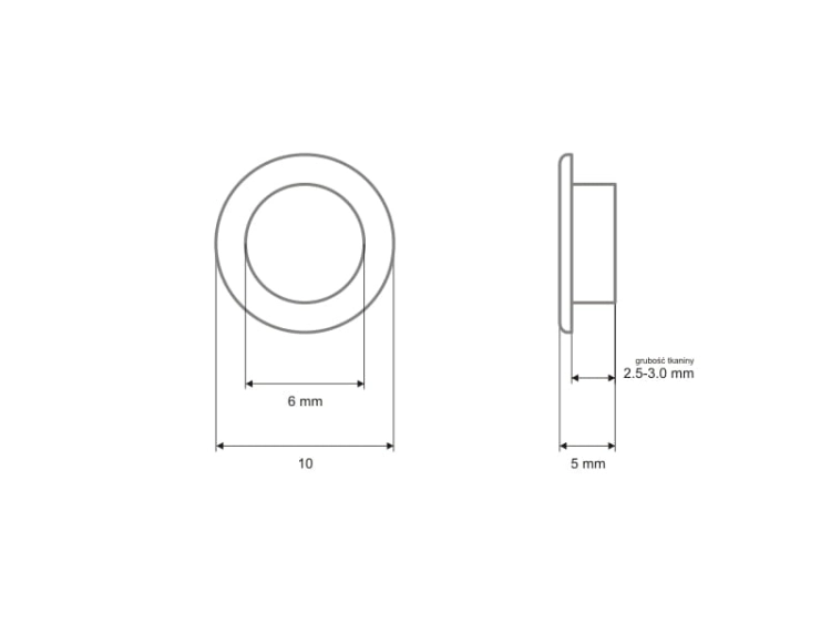 Oczka metalowe z podkładką - 6 x 10 x 5 mm - Stare złoto - wymiary