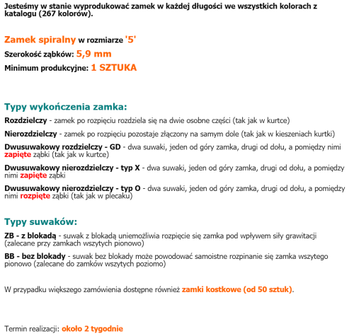 Zamki spiralne w dowolnej długości (267 kolorów + 39 modeli suwaka)