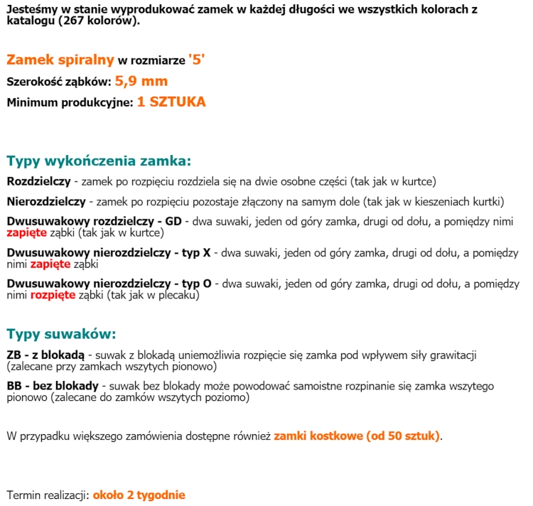 Zamki spiralne w dowolnej długości (267 kolorów + 39 modeli suwaka)