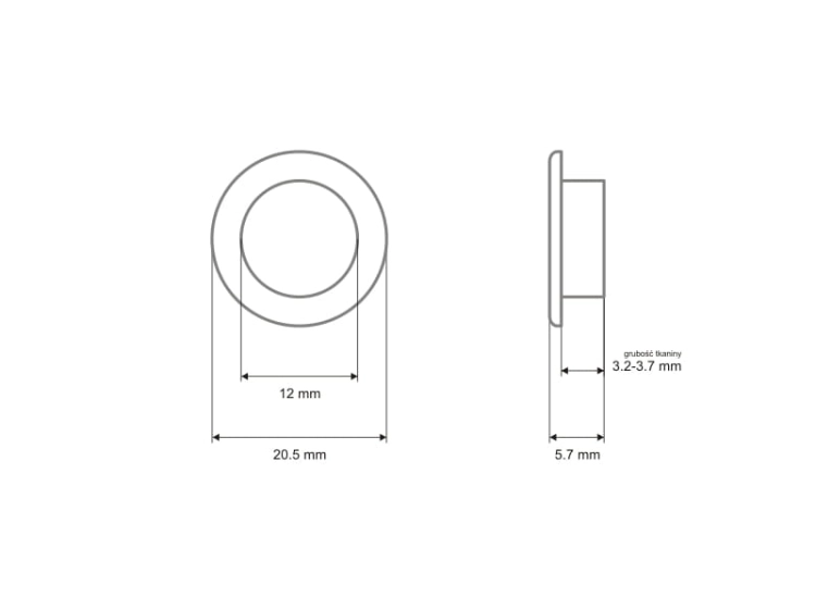 Oczka metalowe z podkładką - 12 x 20,5 x 5,7 mm - wymiary
