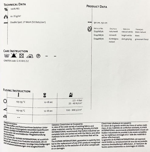 Flizelina z klejem - Dane techniczne